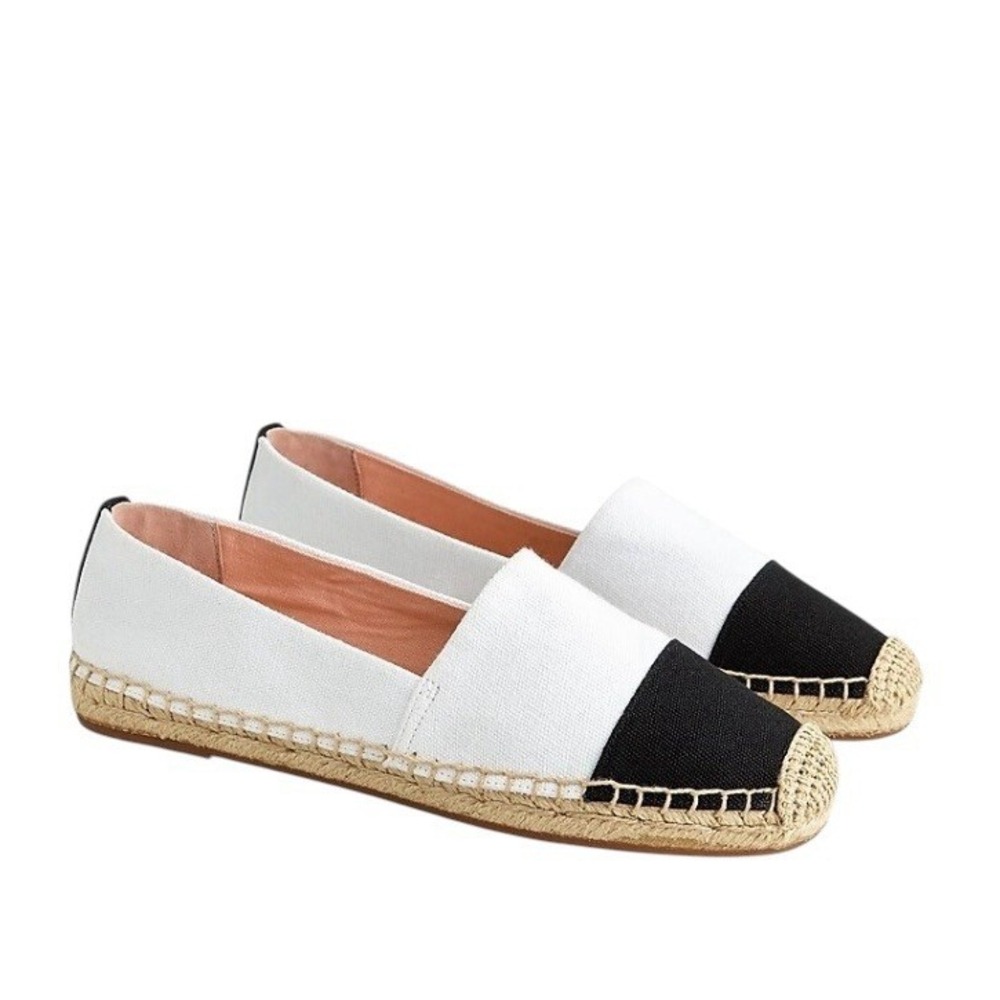 J Crew Shoes Women Sz 8  Cream Black Flats Espadrilles Slip‎ On Beach Preppy